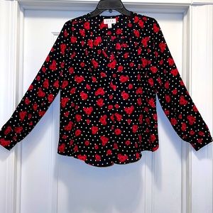 Elle Medium Black with White Dots and Pink/Red Flowers Longsleeve Blouse